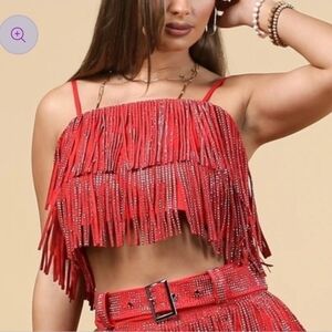 Western Style Red Faux Suede Leather Fringe Rodeo Style Crop Top | Size Large L